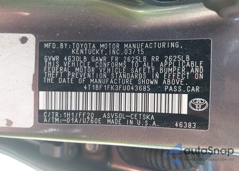 2015 Toyota Camry Se z USA, uszkodzony, nr VIN 4T1BF1FK3FU043685